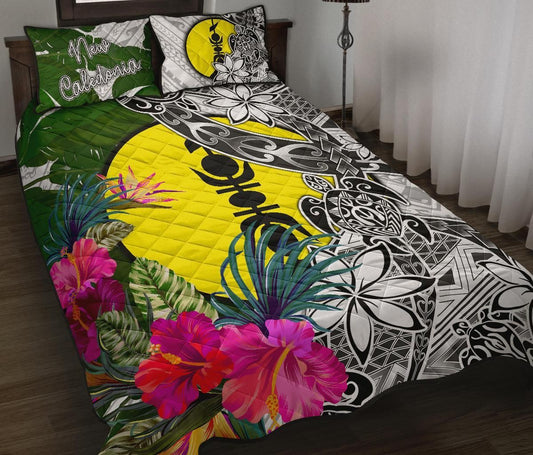 New Caledonia Quilt Bed Set White - Turtle Plumeria Banana Leaf