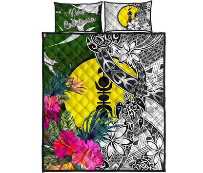 New Caledonia Quilt Bed Set White - Turtle Plumeria Banana Leaf