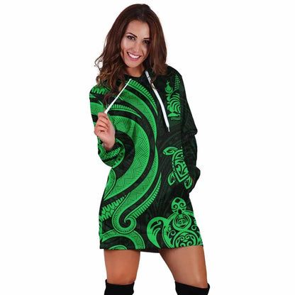 New Caledonia Female Hoodie Dress - Green Tentacle Turtle