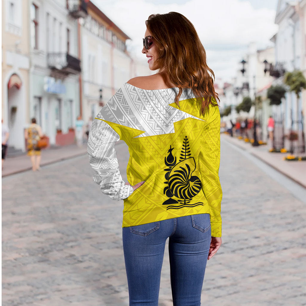 New Caledonia Off Shoulder Sweatshirt Polynesian Tattoo Flag And Coat Of Arms