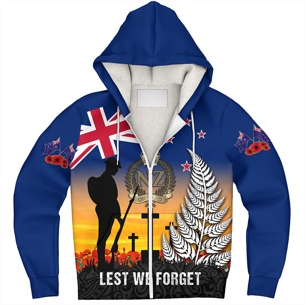 New Zealand Sherpa Hoodie Anzac Army And Maori Silver Fern Poppy Sunset Style