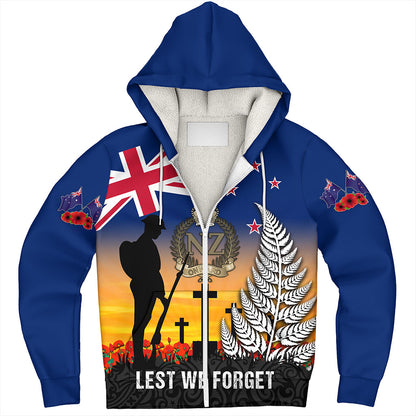 New Zealand Sherpa Hoodie Anzac Army And Maori Silver Fern Poppy Sunset Style