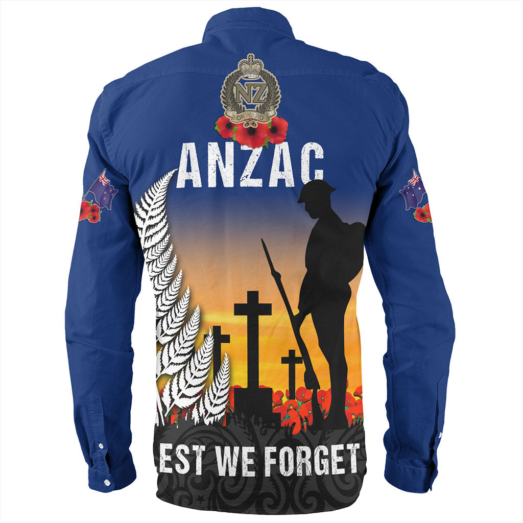 New Zealand Long Sleeve Shirt Anzac Army And Maori Silver Fern Poppy Sunset Style