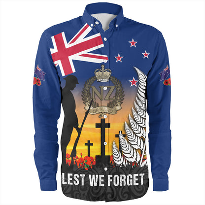 New Zealand Long Sleeve Shirt Anzac Army And Maori Silver Fern Poppy Sunset Style