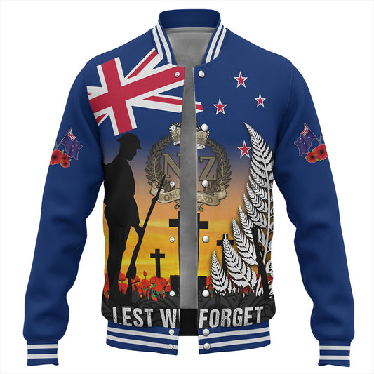 New Zealand Baseball Jacket Anzac Army And Maori Silver Fern Poppy Sunset Style