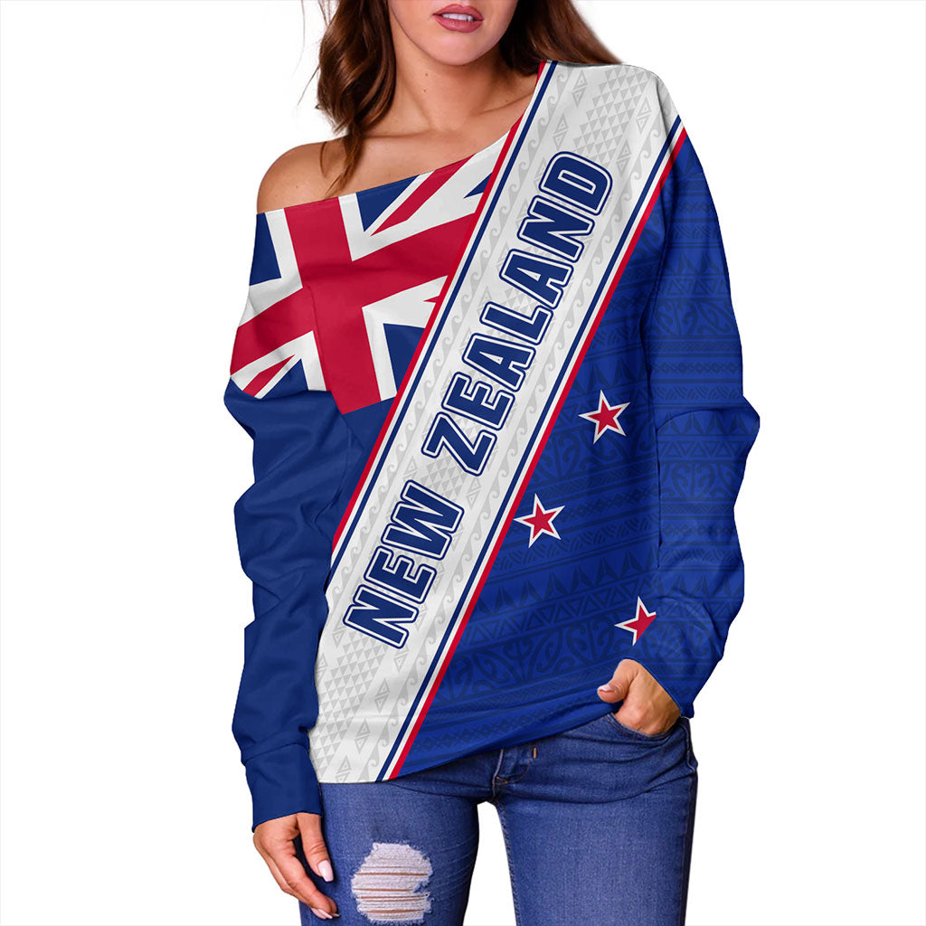 New Zealand Off Shoulder Sweatshirt Maori Tribal Flag Traditional