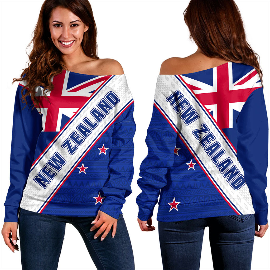 New Zealand Off Shoulder Sweatshirt Maori Tribal Flag Traditional