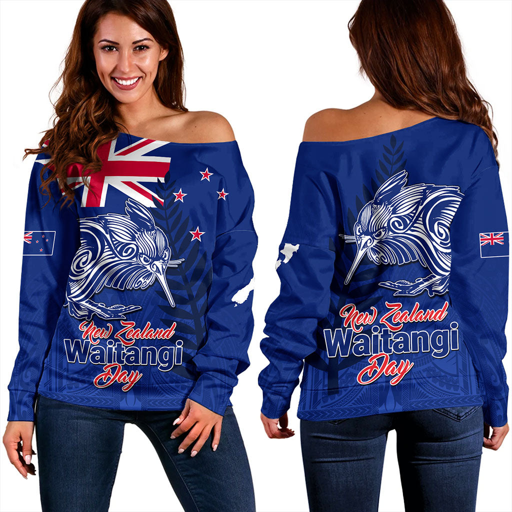 New Zealand Off Shoulder Sweatshirt Waitangi Day Flag Kiwi Bird Style