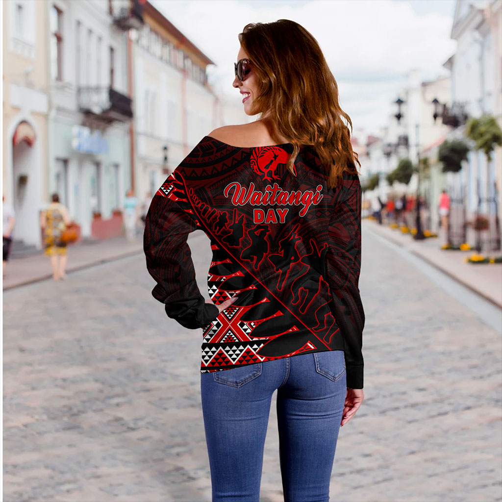 New Zealand Off Shoulder Sweatshirt Maori Tribal Siver Fern Waitangi Day