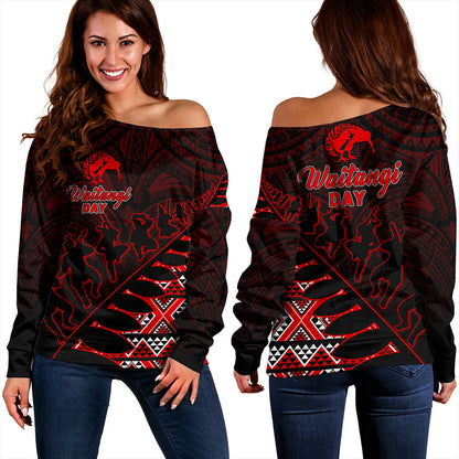 New Zealand Off Shoulder Sweatshirt Maori Tribal Siver Fern Waitangi Day