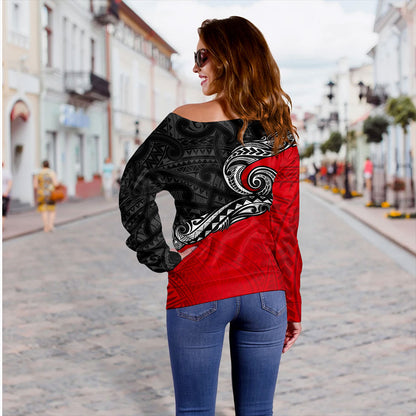 New Zealand Off Shoulder Sweatshirt Maori Tribal Design Flag Style