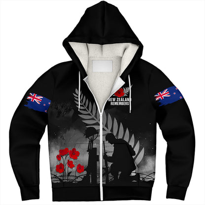 New Zealand Sherpa Hoodie Maori Silver Fern Poppy Flower Remembers