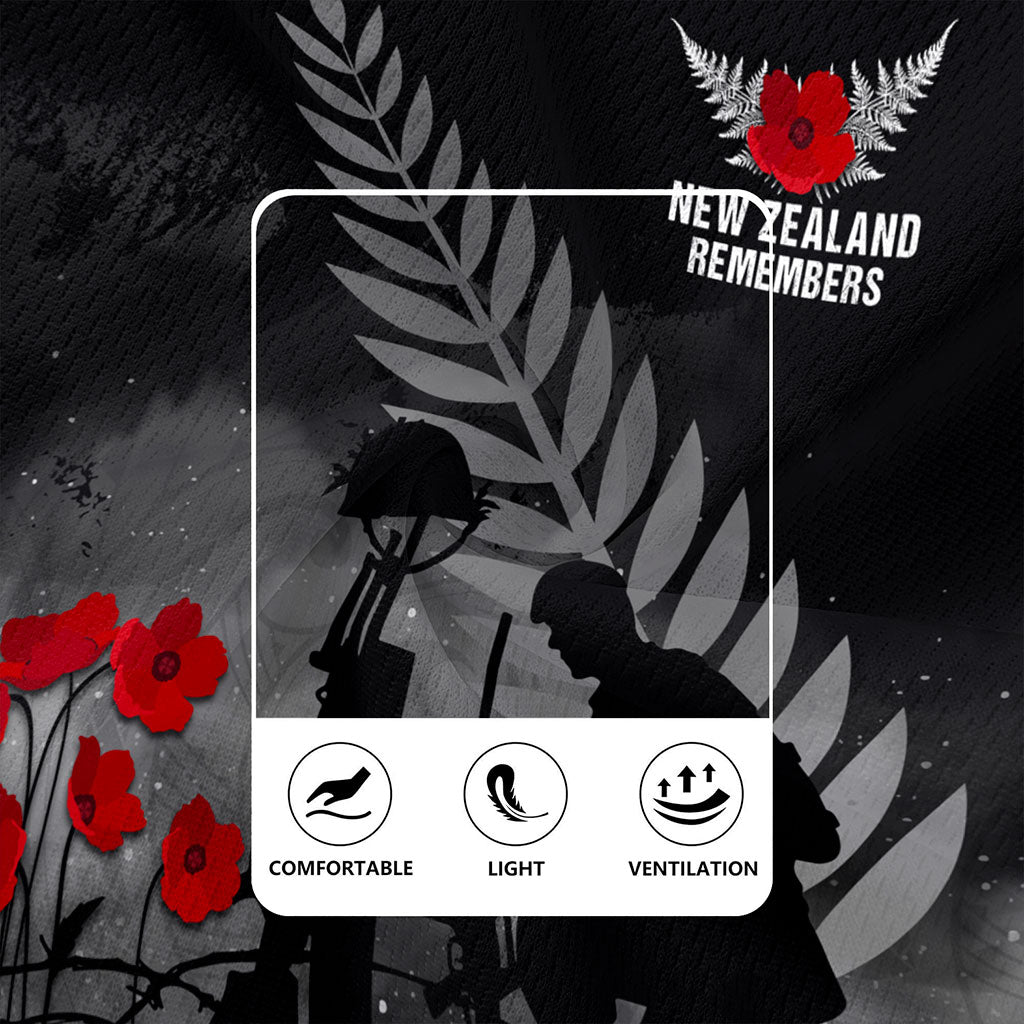 New Zealand Rugby Jersey Maori Silver Fern Poppy Flower Remembers