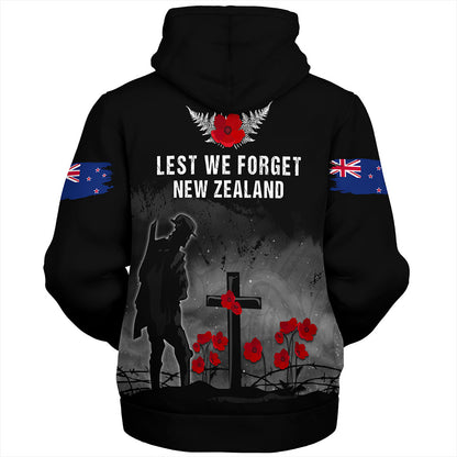New Zealand Sherpa Hoodie Maori Silver Fern Poppy Flower Remembers