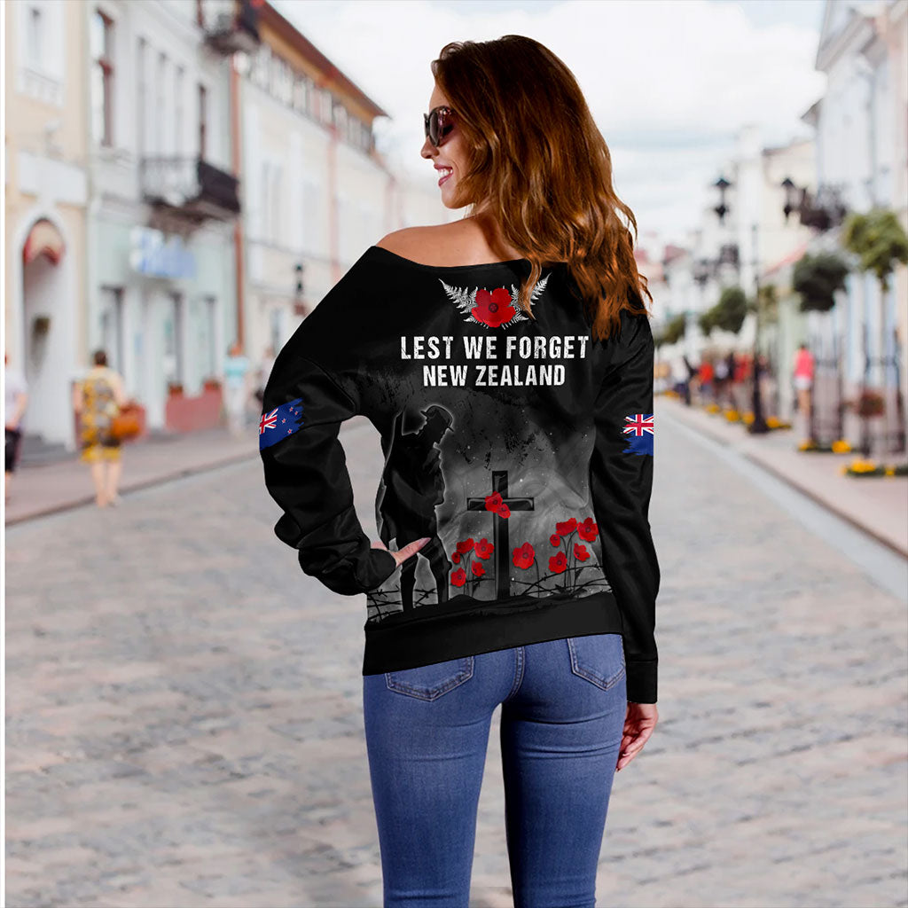 New Zealand Off Shoulder Sweatshirt Maori Silver Fern Poppy Flower Remembers