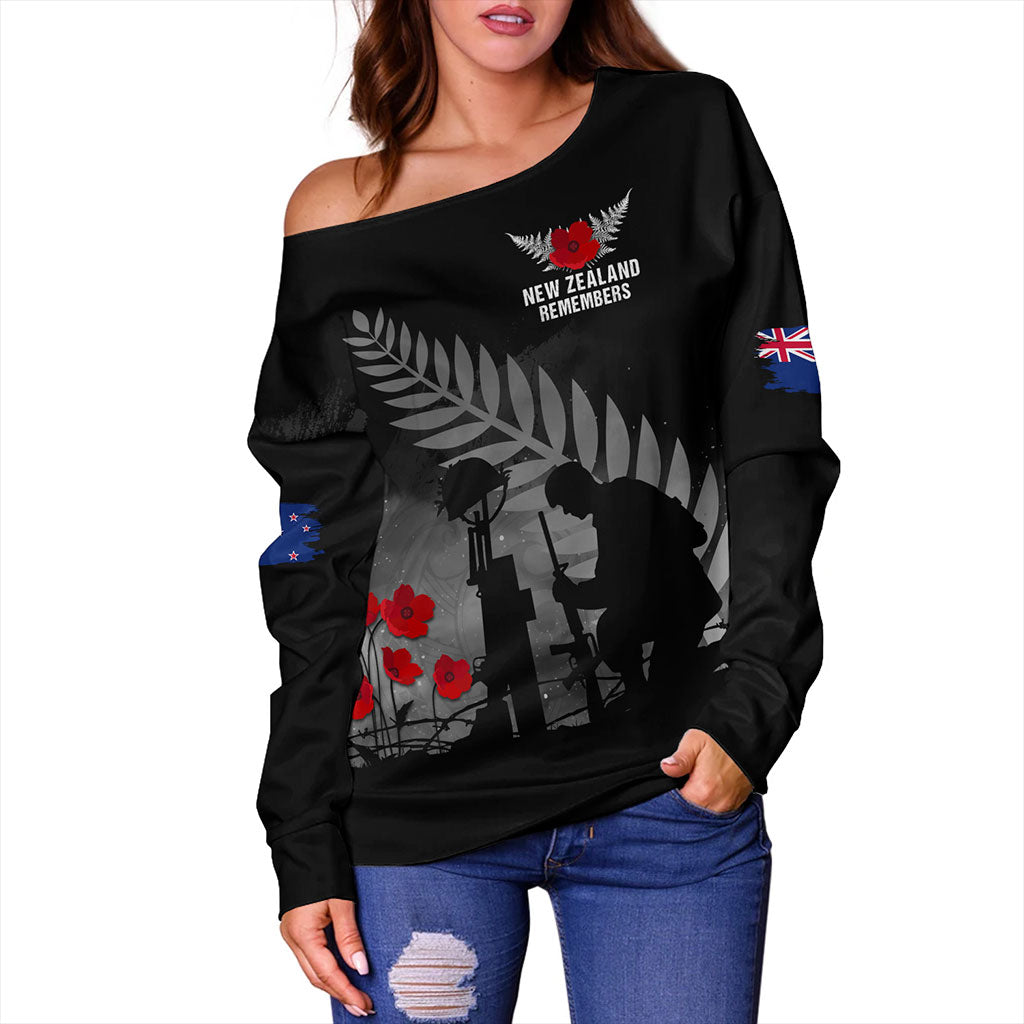 New Zealand Off Shoulder Sweatshirt Maori Silver Fern Poppy Flower Remembers