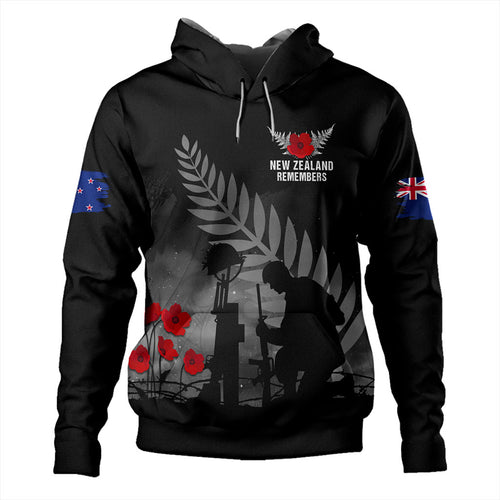 New Zealand Hoodie Maori Silver Fern Poppy Flower Remembers