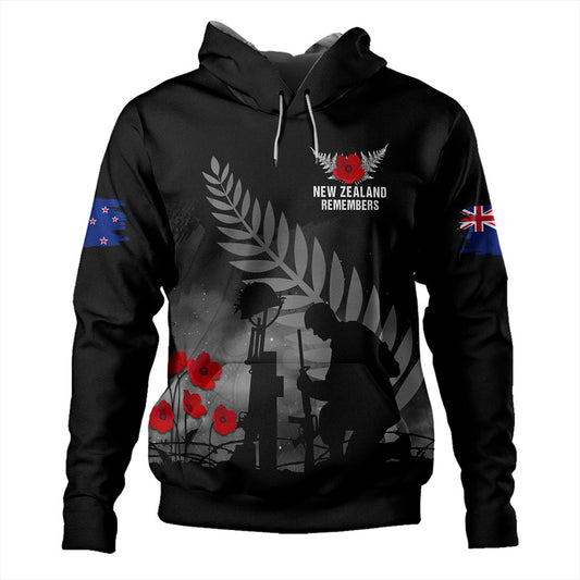 New Zealand Hoodie Maori Silver Fern Poppy Flower Remembers