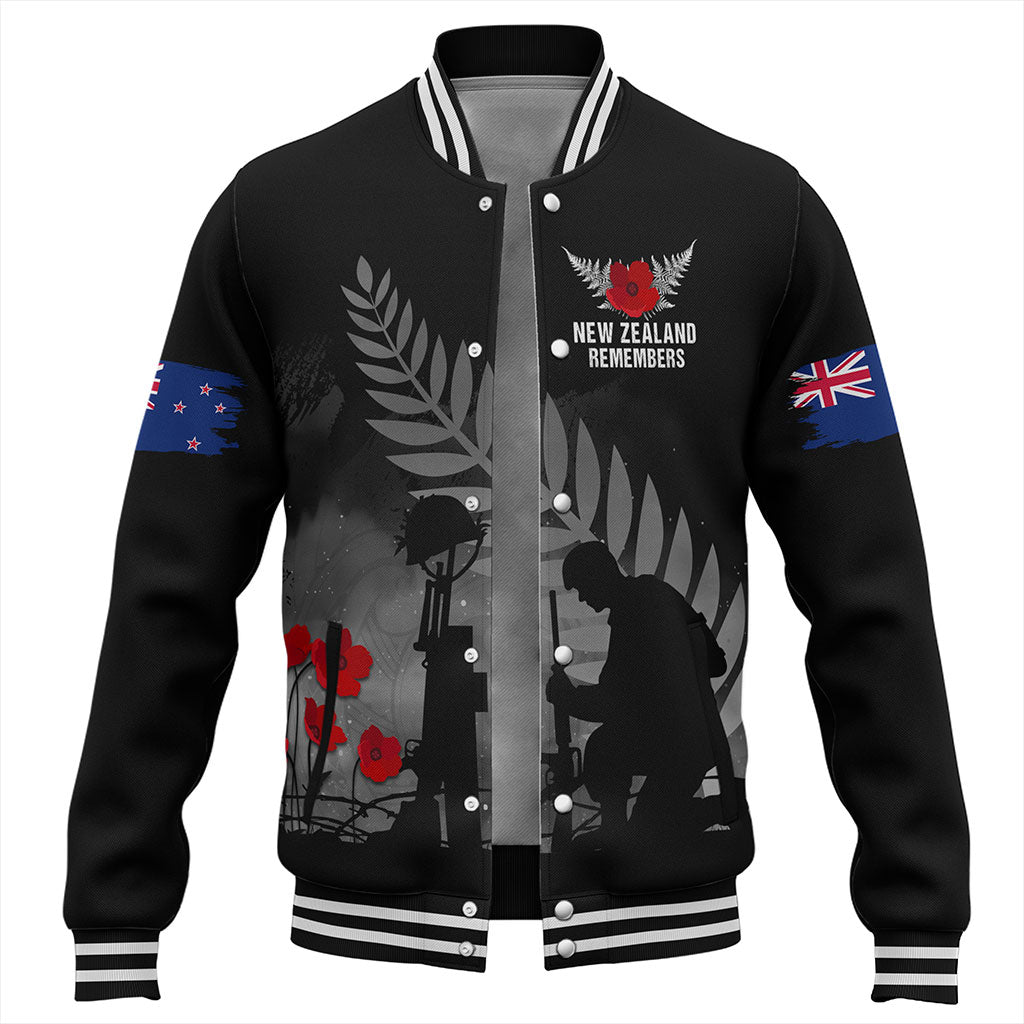 New Zealand Baseball Jacket Maori Silver Fern Poppy Flower Remembers