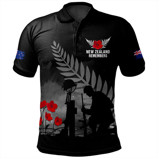 New Zealand Polo Shirt Maori Silver Fern Poppy Flower Remembers