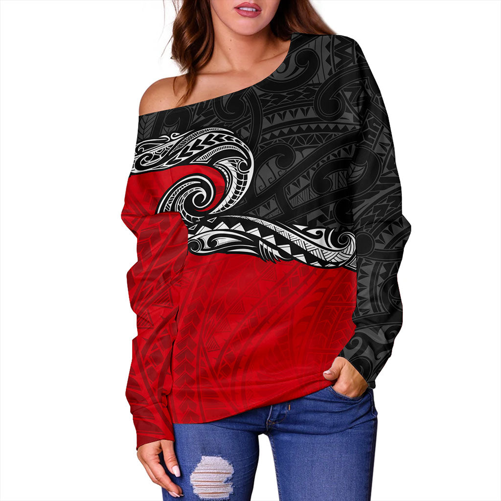 New Zealand Off Shoulder Sweatshirt Maori Tribal Design Flag Style