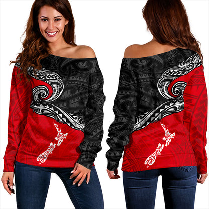 New Zealand Off Shoulder Sweatshirt Maori Tribal Design Flag With Map