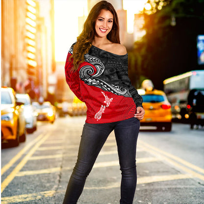 New Zealand Off Shoulder Sweatshirt Maori Tribal Design Flag With Map
