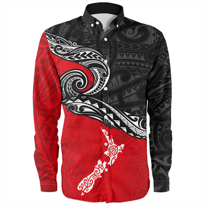 New Zealand Long Sleeve Shirt Maori Tribal Design Flag With Map