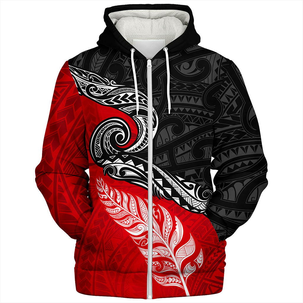 New Zealand Sherpa Hoodie Maori Tribal Design Flag With Silver Fern