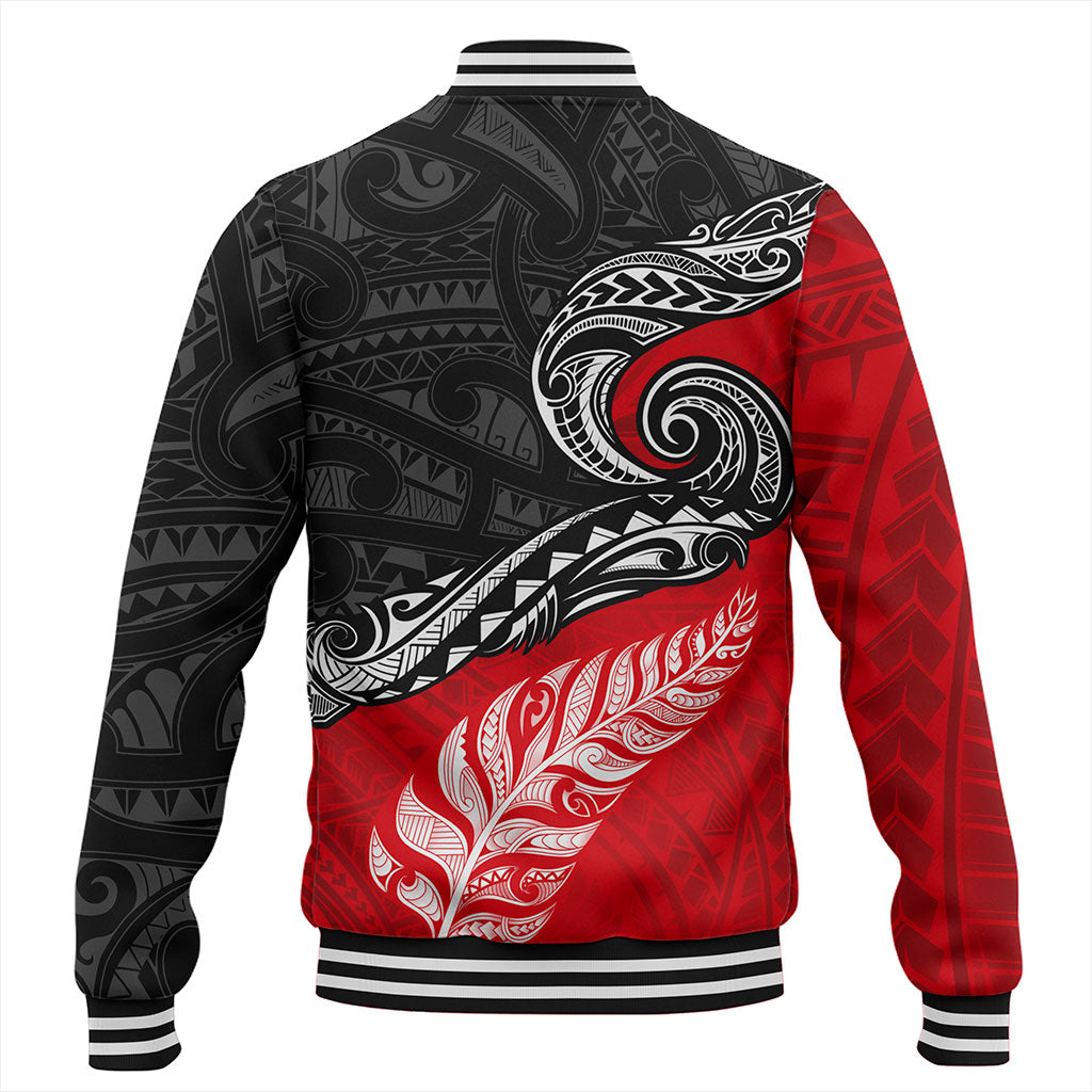 New Zealand Baseball Jacket Maori Tribal Design Flag With Silver Fern