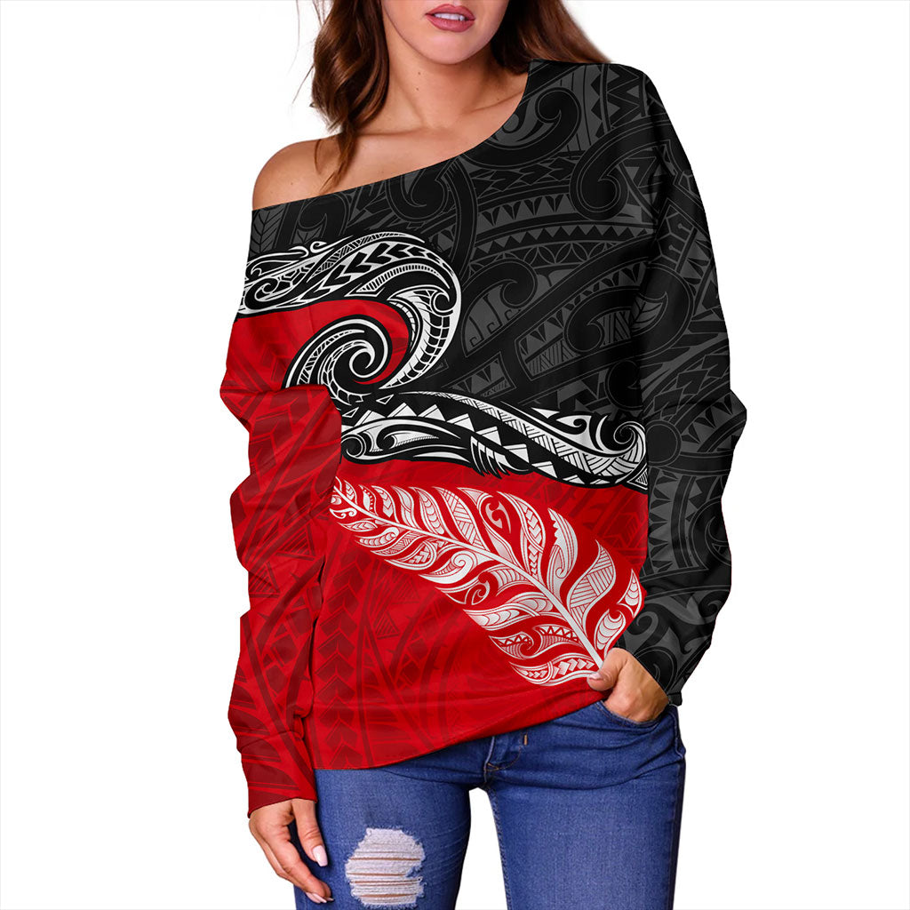 New Zealand Off Shoulder Sweatshirt Maori Tribal Design Flag With Silver Fern