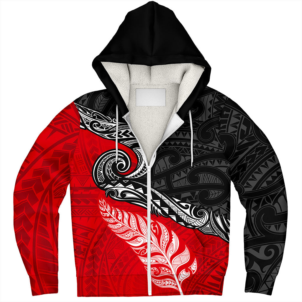 New Zealand Sherpa Hoodie Maori Tribal Design Flag With Silver Fern
