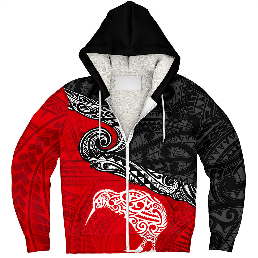 New Zealand Sherpa Hoodie Maori Tribal Design Flag With Kiwi Bird
