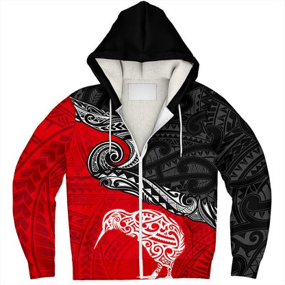New Zealand Sherpa Hoodie Maori Tribal Design Flag With Kiwi Bird