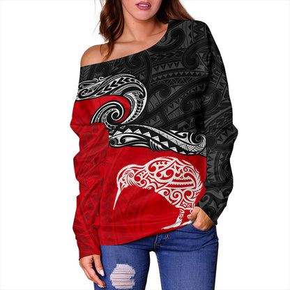 New Zealand Off Shoulder Sweatshirt Maori Tribal Design Flag With Kiwi Bird