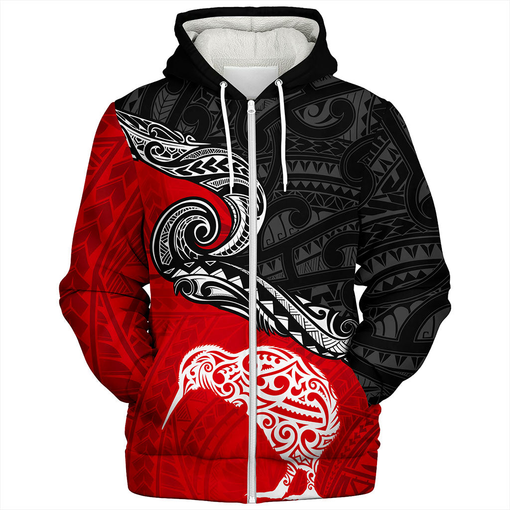 New Zealand Sherpa Hoodie Maori Tribal Design Flag With Kiwi Bird