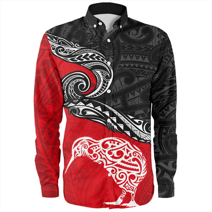 New Zealand Long Sleeve Shirt Maori Tribal Design Flag With Kiwi Bird