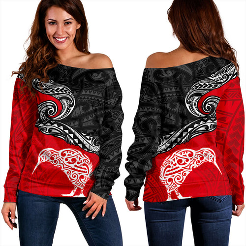New Zealand Off Shoulder Sweatshirt Maori Tribal Design Flag With Kiwi Bird