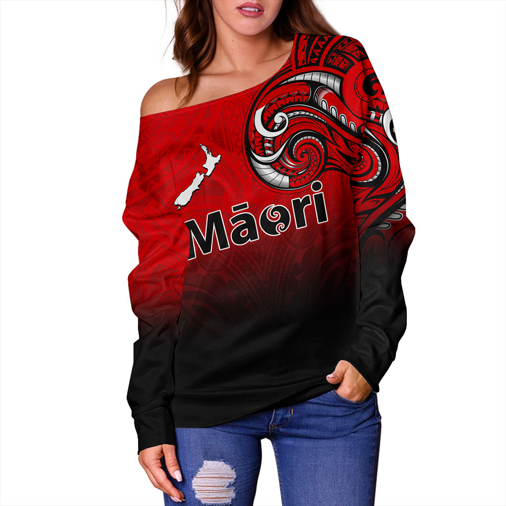 New Zealand Off Shoulder Sweatshirt Maori Map Tribal Style