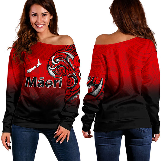 New Zealand Off Shoulder Sweatshirt Maori Map Tribal Style