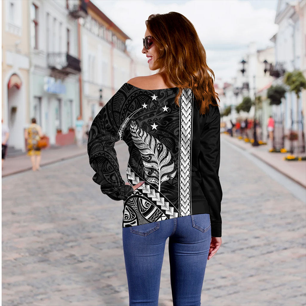New Zealand Off Shoulder Sweatshirt Maori Tribal Silver Fern With Star Tattoo