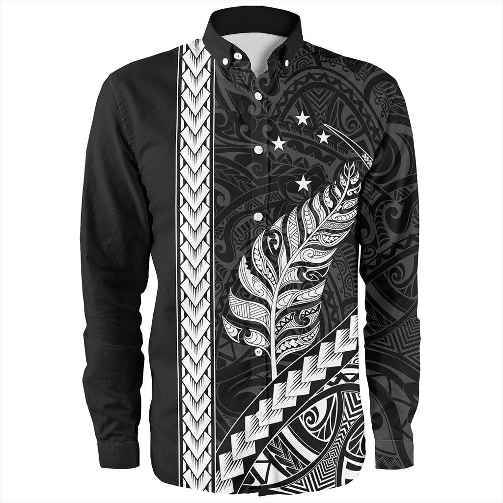 New Zealand Long Sleeve Shirt Maori Tribal Silver Fern With Star Tattoo