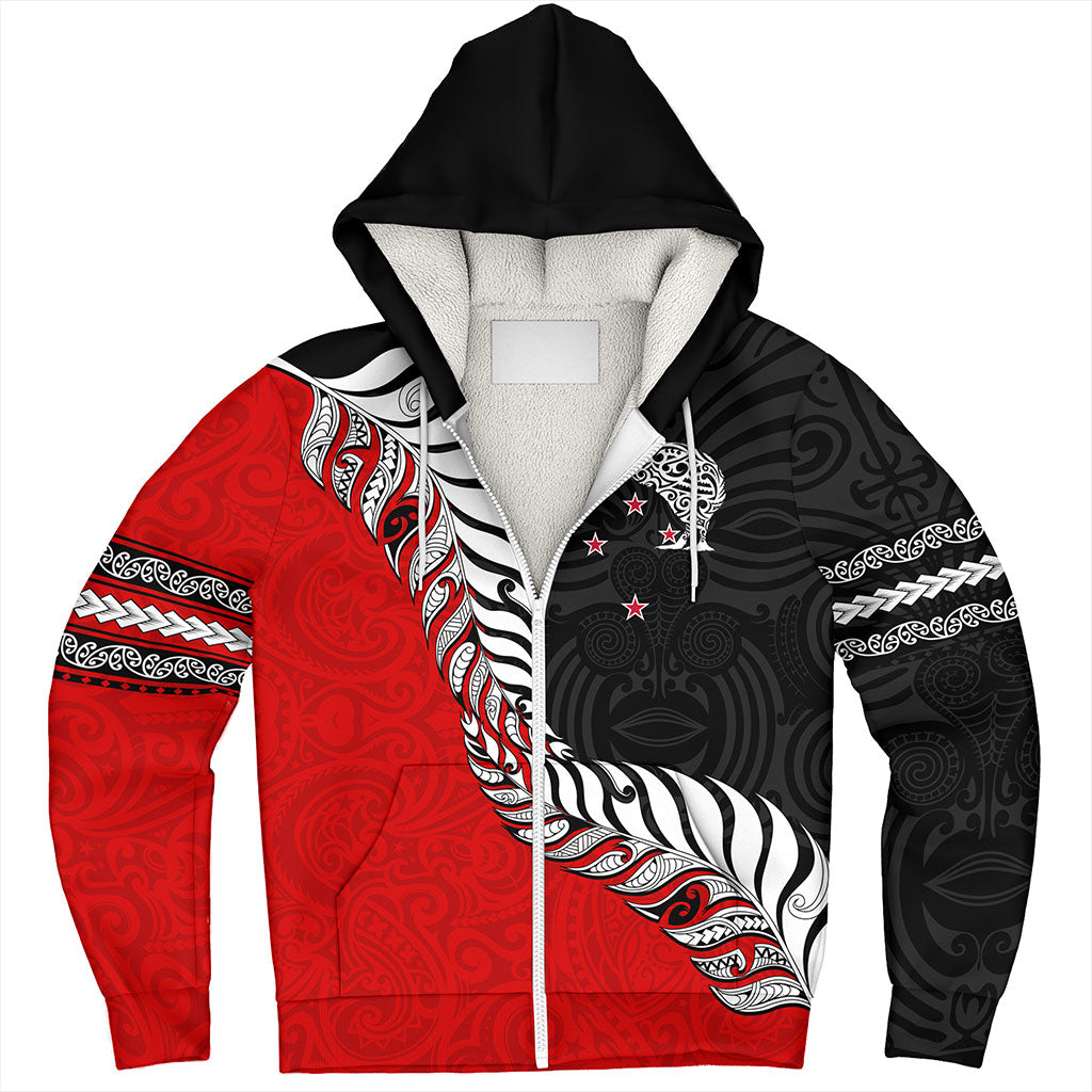 New Zealand Sherpa Hoodie Silver Fern Maori Tribal Style
