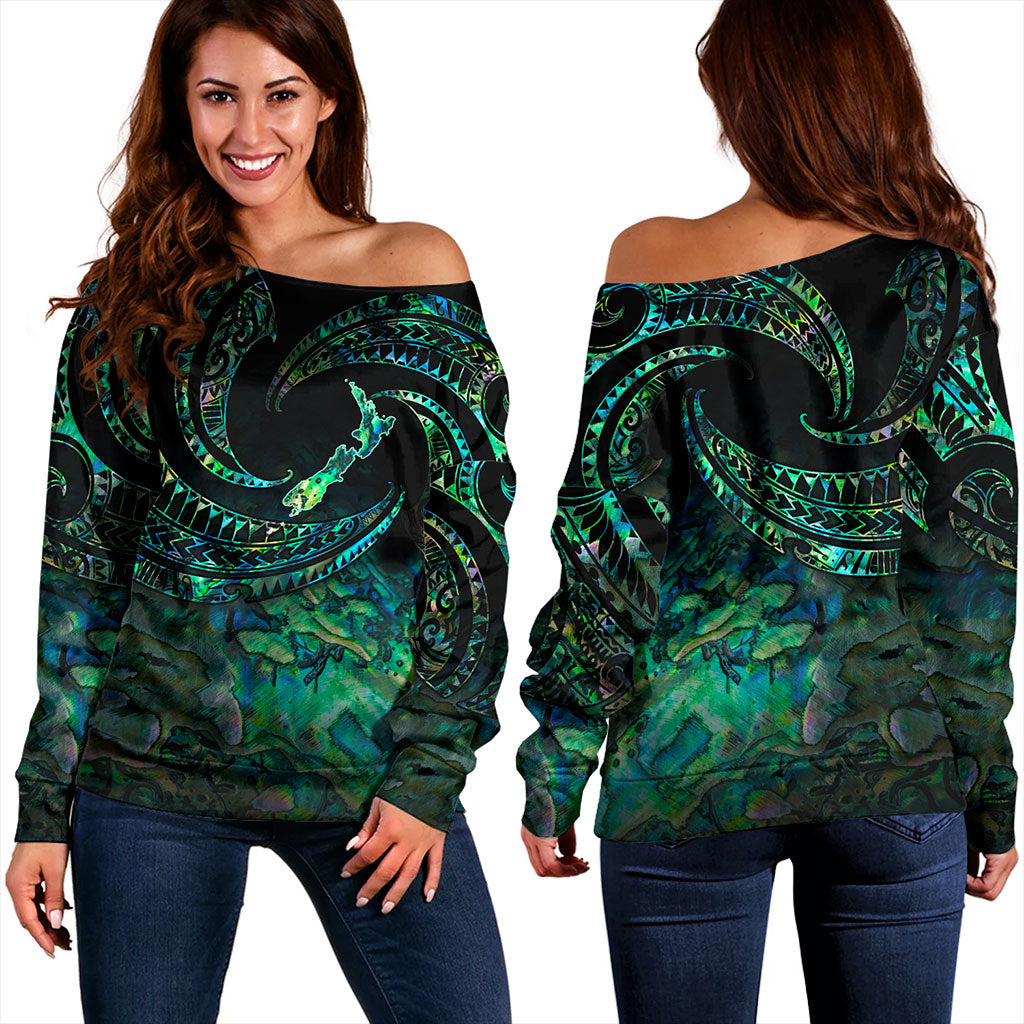 New Zealand Off Shoulder Sweatshirt Tribal Wave Papua Shell With Map