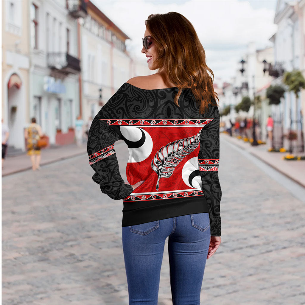 New Zealand Off Shoulder Sweatshirt Silver Fern Flag Style