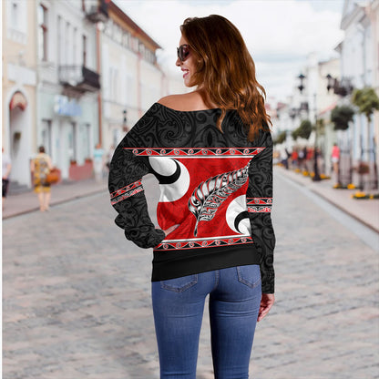 New Zealand Off Shoulder Sweatshirt Silver Fern Flag Style