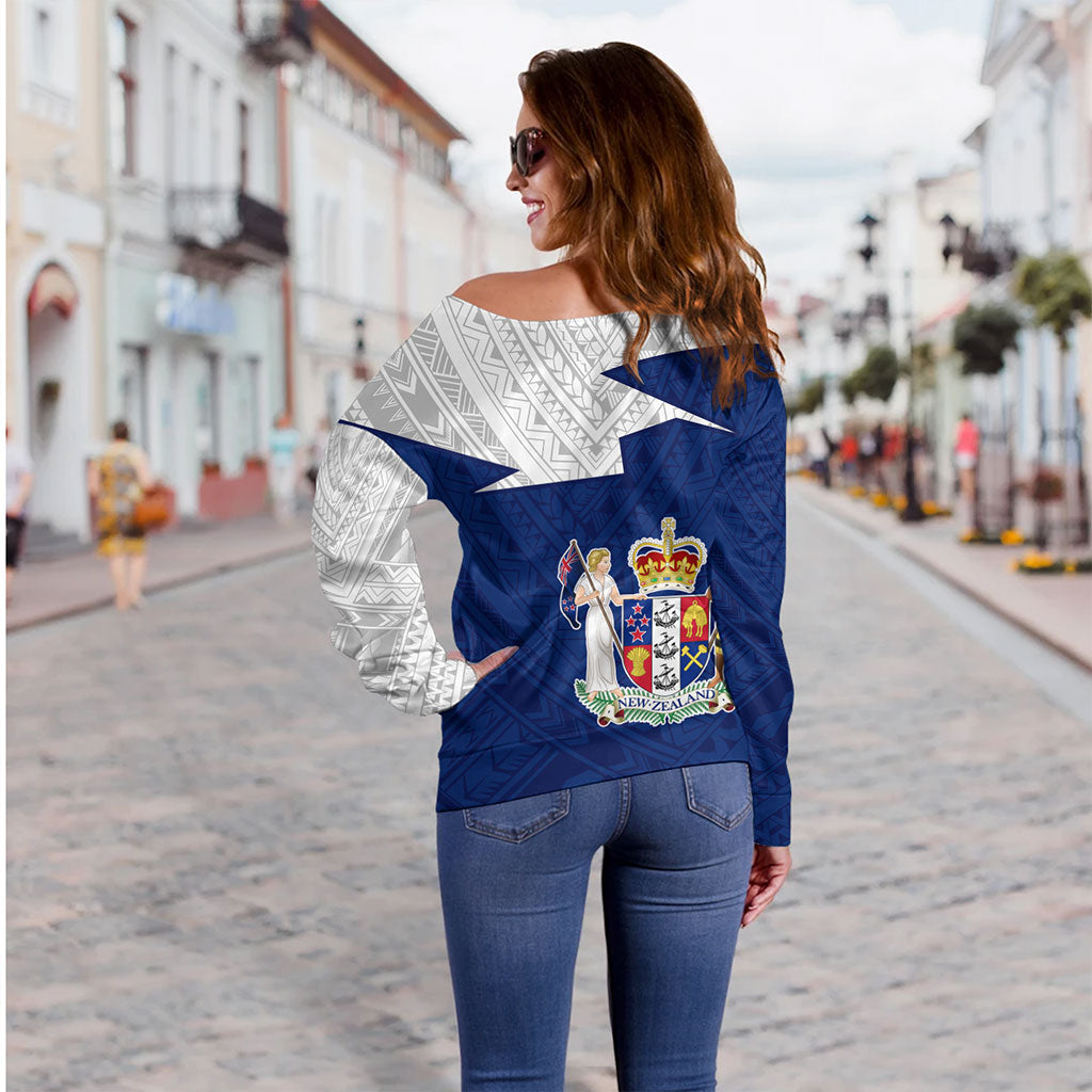 New Zealand Off Shoulder Sweatshirt Polynesian Tattoo Flag And Coat Of Arms