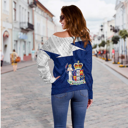 New Zealand Off Shoulder Sweatshirt Polynesian Tattoo Flag And Coat Of Arms