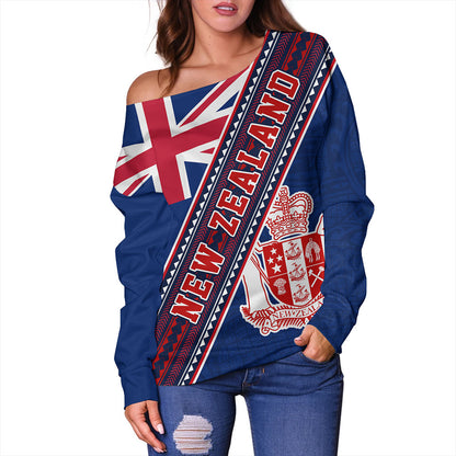 New Zealand Off Shoulder Sweatshirt Flag And Coat Of Arms