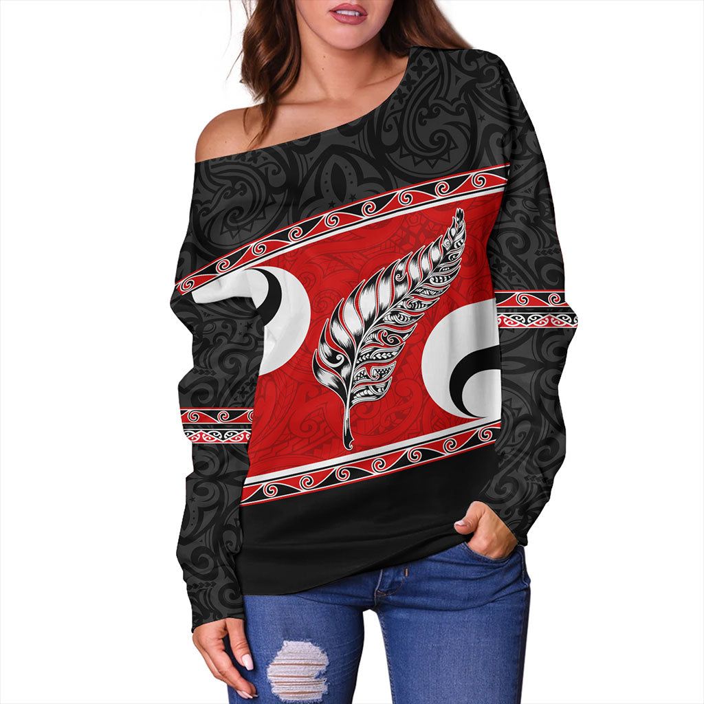 New Zealand Off Shoulder Sweatshirt Silver Fern Flag Style